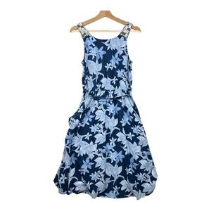 Cloth & Portrait Floral Print Shell Accent Sleeveless Midi Dress size Small Blue